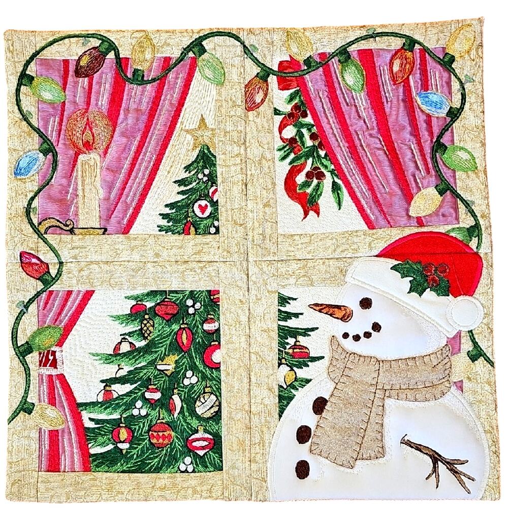 Festive Christmas Window Pane Snowman Tree Holiday Embroidery Wall Hanging